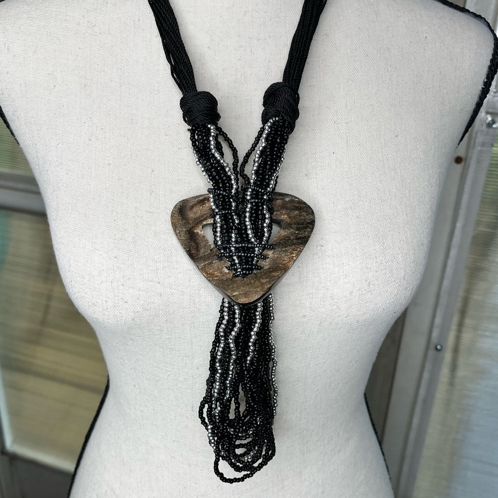Wooden statement necklace black brown and silver new without tags